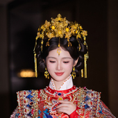 古风新娘金色凤冠中式 宫廷华丽大气眉心坠秀禾服国风礼服结婚头饰