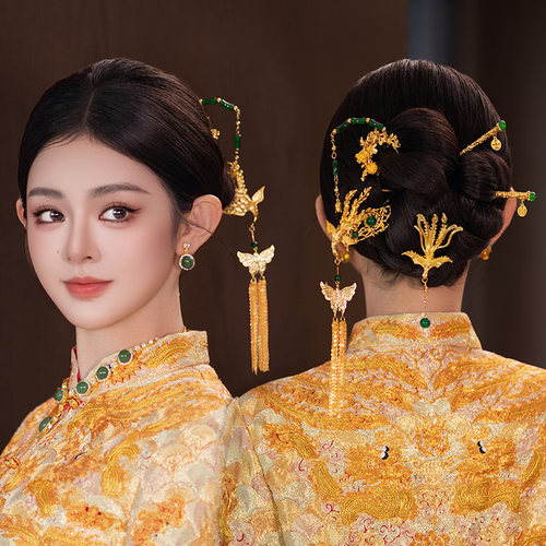 2025新款金色新中式头饰简约古风发簪订婚结婚龙凤褂秀禾旗袍发饰