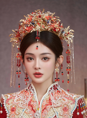 中式凤冠前后冠眉心坠长流苏古典造型凤凰古装秀禾服华丽结婚头饰