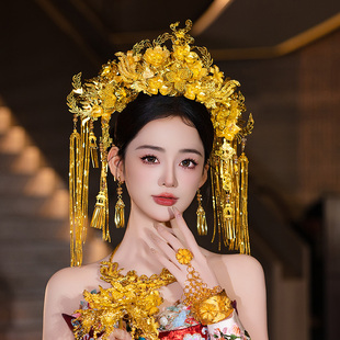 金色奢华花朵新娘发饰大凤冠中式汉服婚礼秀禾旗袍敬酒龙凤褂头冠