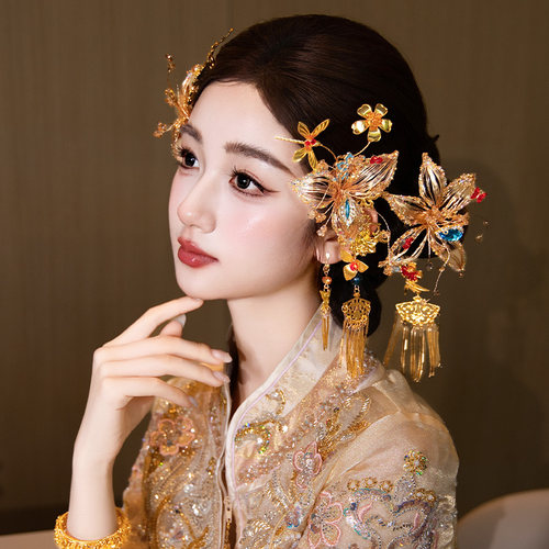 2026新款新娘发饰浅金色系手工精致金属缠花贵气感龙凤褂秀禾配饰