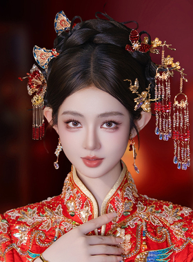 新款中式新娘头饰红色流苏花朵减龄古风婚礼秀禾龙凤褂步摇发饰品