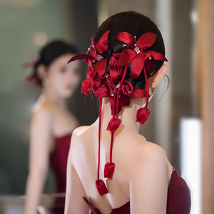 新娘古典风高级酒红色缎面立体花朵发饰敬酒服婚礼旗袍造型头花品
