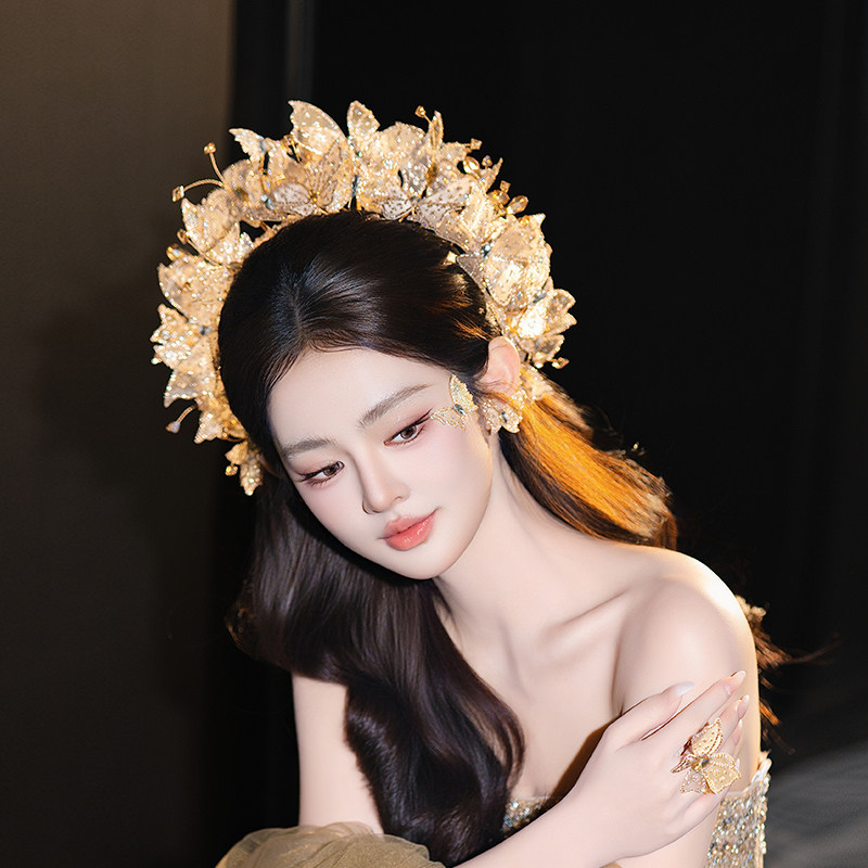 梦幻香槟金新娘蝴蝶发箍超仙氛围减龄唯美公主婚礼礼服高级感配饰
