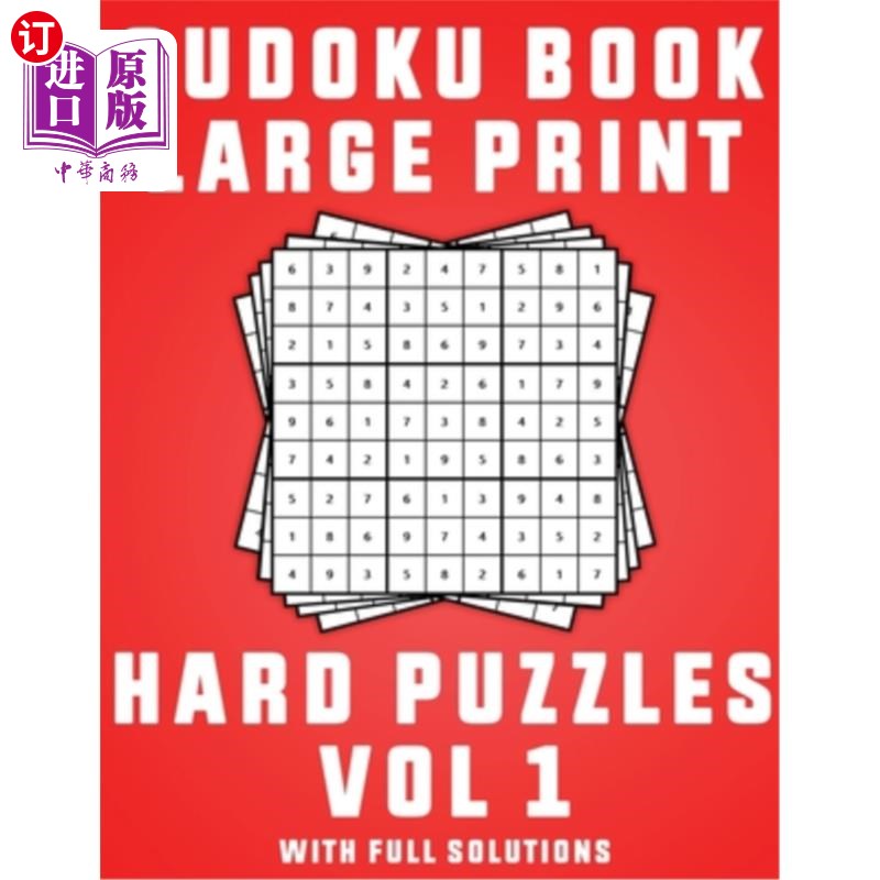 海外直订Sudoku Book Large Print: Sudoku Books For Adults Hard Vol 1 With Solutions 数独书大字印刷:数独书成人难卷1