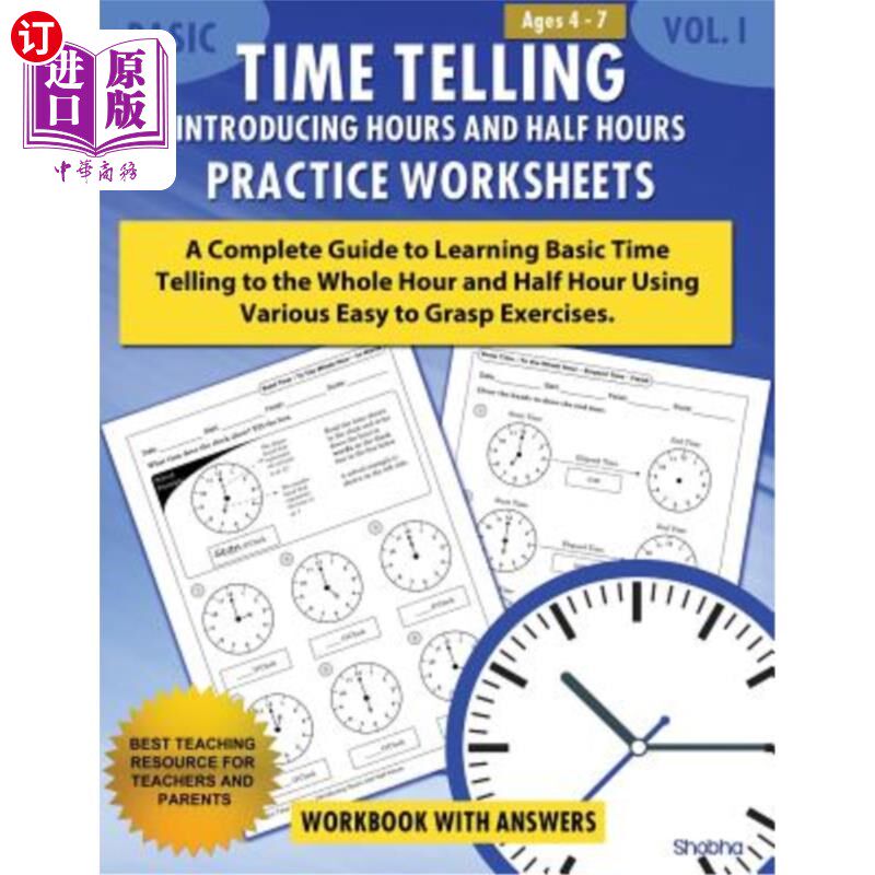 海外直订Basic Time Telling - Introducing Hours and Half Hours - Practice Worksheets Work 基本计时-介绍小时和半小时-