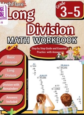 海外直订Long Division Math Workbook 3rd to 5th Grade: Division Workbook 3-5, Long Divisi 长除法数学练习册三至五年级