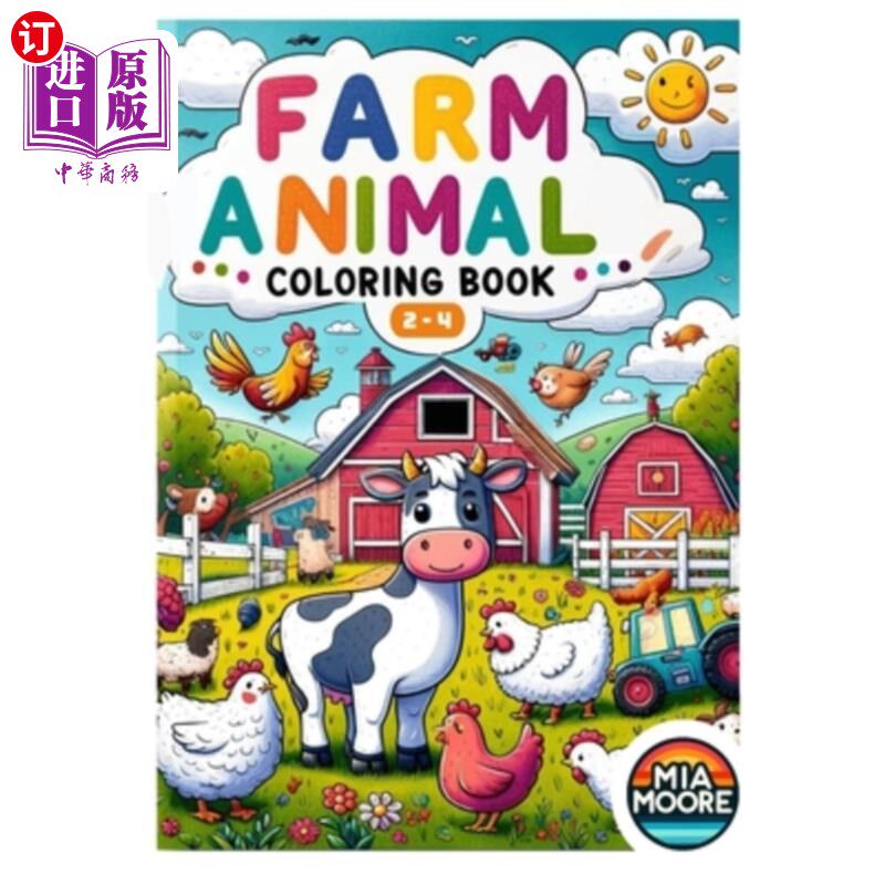 海外直订Farm Animal Coloring Book: Fun and Easy Coloring for Kids Ages 2-4 with 20 Farm  农场动物着色书：有趣和容易