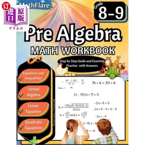 海外直订Pre Algebra Workbook 8th and 9th Grade: Pre Algebra Workbook Grade 8-9, Linear E 8-9年级代数练习册