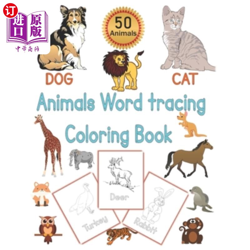 海外直订Animals Word Tracing Coloring Book: 50 Animal pages for kids to color animals an 动物字描画着色书:50动物页