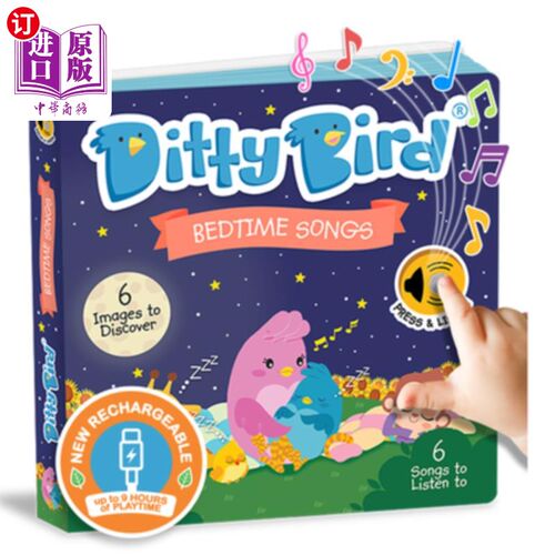 海外直订Ditty Bird Bedtime Songs Interactive Musical Book for Toddlers 1- 3 Baby Sound B 小曲鸟睡前歌曲1- 3幼儿互动