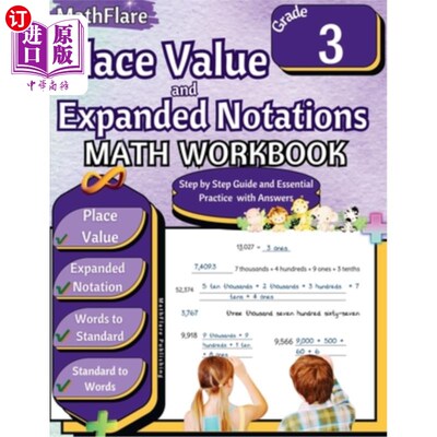 海外直订Place Value and Expanded Notations Math Workbook 3rd Grade: Place Value Grade 3, 地方价值和扩展符号数学练习