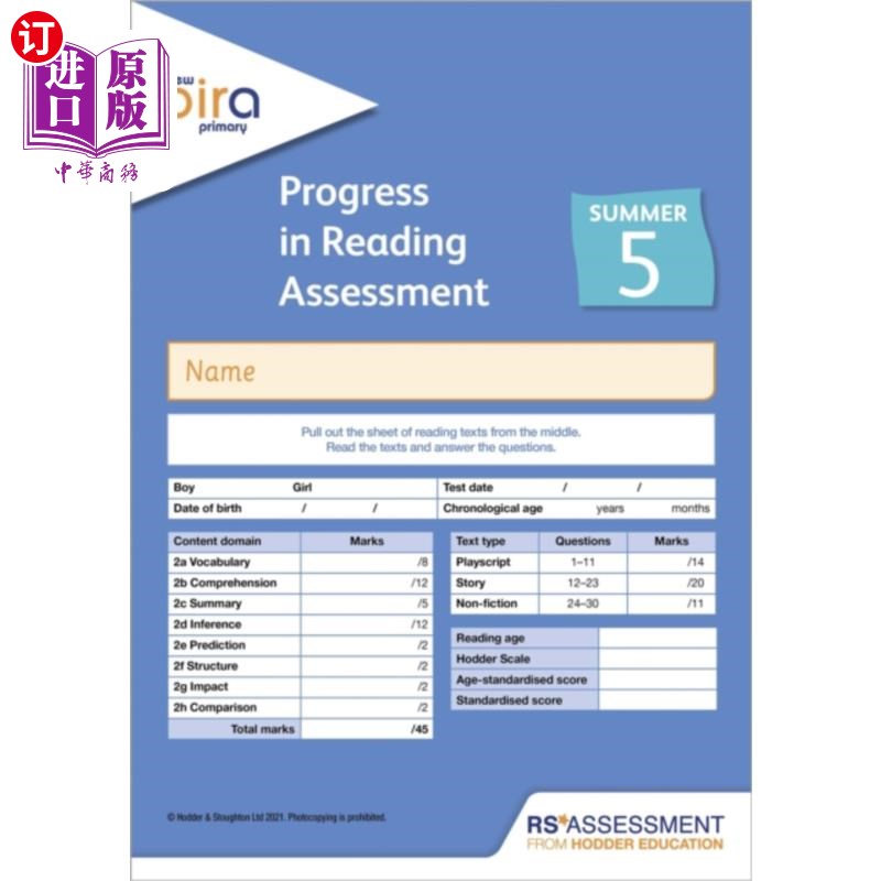 海外直订New PiRA Test 5, Summer PK10 (Progress in Readin... 新的PiRA测试5，夏季PK10(阅读评估进展)