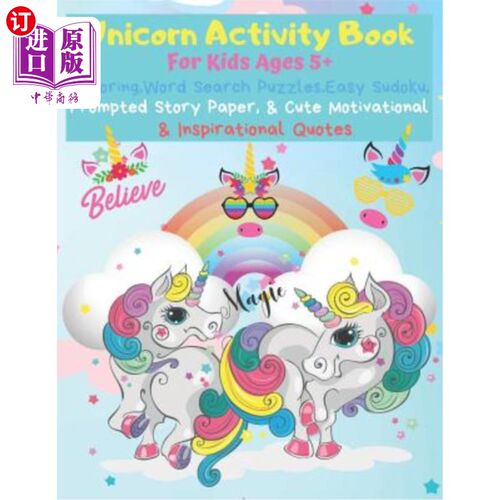 海外直订Unicorn Activity Book: Coloring, Word Search, Sudoku, & Prompted Story Paper for 独角兽活动书:儿童填色，单