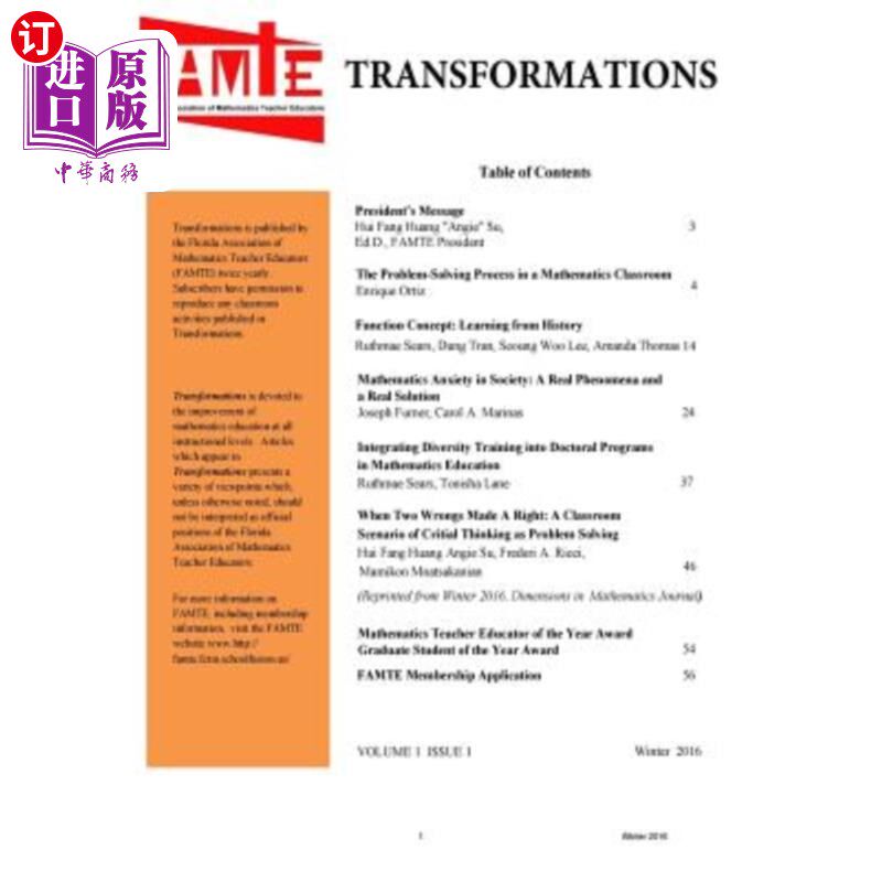 海外直订Transformations: A Publication of the Florida Association of Mathematics Teacher 转换:佛罗里达数学教师教育