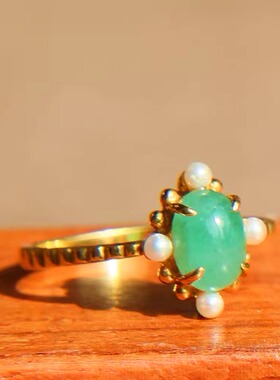 陶乐溪艺术珠宝 秀气的欧洲古董款 天然祖母绿珍珠18K金戒指