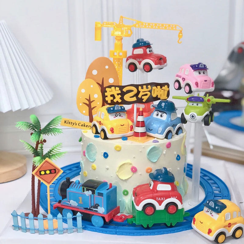 轨道电动小火车蛋糕装饰摆件蓝色回力玩具车小男孩宝贝卡通车儿童