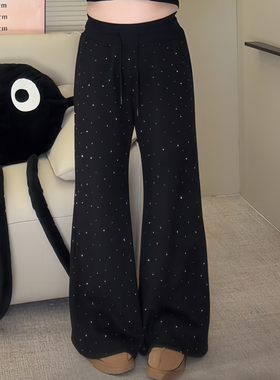 ◆ 回头率UP！秒变漫画腿~◆W1436肉肉女生加绒微喇裤亮钻休闲裤