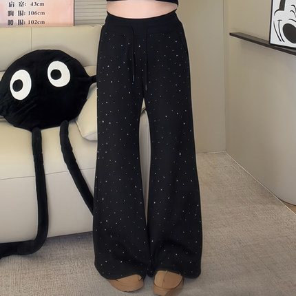 ◆ 回头率UP！秒变漫画腿~◆W1436肉肉女生加绒微喇裤亮钻休闲裤