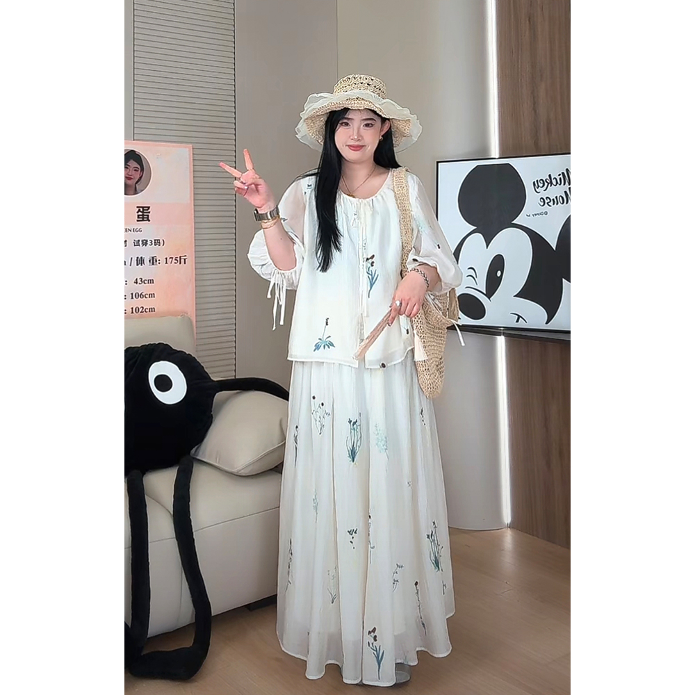 EGG绿蛋家 大码肉肉女孩夏新款胖MM国风新中式上衣半身裙套装7973