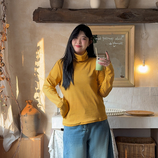 ◆条纹定律◆W1407条纹高领宽松打底衫女秋冬宽松大码长袖T恤上衣