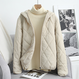 ins日系轻薄棉衣2025秋冬休闲情侣款男女菱形格连帽百搭棉服外套