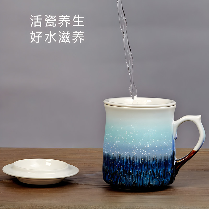 乾唐轩活瓷 雪晶釉浪纹三件杯马克杯创意陶瓷泡茶水杯子礼品商用