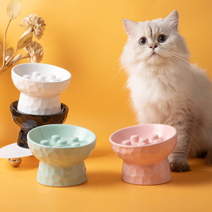 陶瓷猫狗慢食碗高脚防打翻斜口护颈防滑宠物食盆猫咪喂食器狗碗