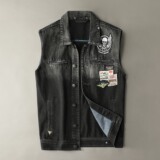MJ4007/P195控265徽章刺绣贴布牛仔马甲男水洗翻领牛仔马甲背心，男装背心/马甲，钱塘730-1