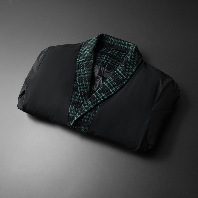 1新风格冬季呢料拼接青果领羽绒服男士修身Y88023/P280大货,男装羽绒服,钱塘730-1