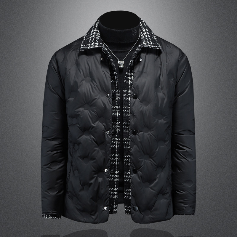 新风格冬新款呢料拼接假两件羽绒服男士修身质量好T88027/P280,男装羽绒服,钱塘730-1