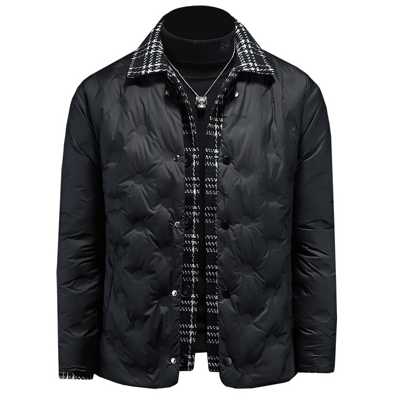 新风格冬款呢料拼接假两件羽绒服男士修身质量好730/T88027/P280,男装羽绒服,钱塘730-1