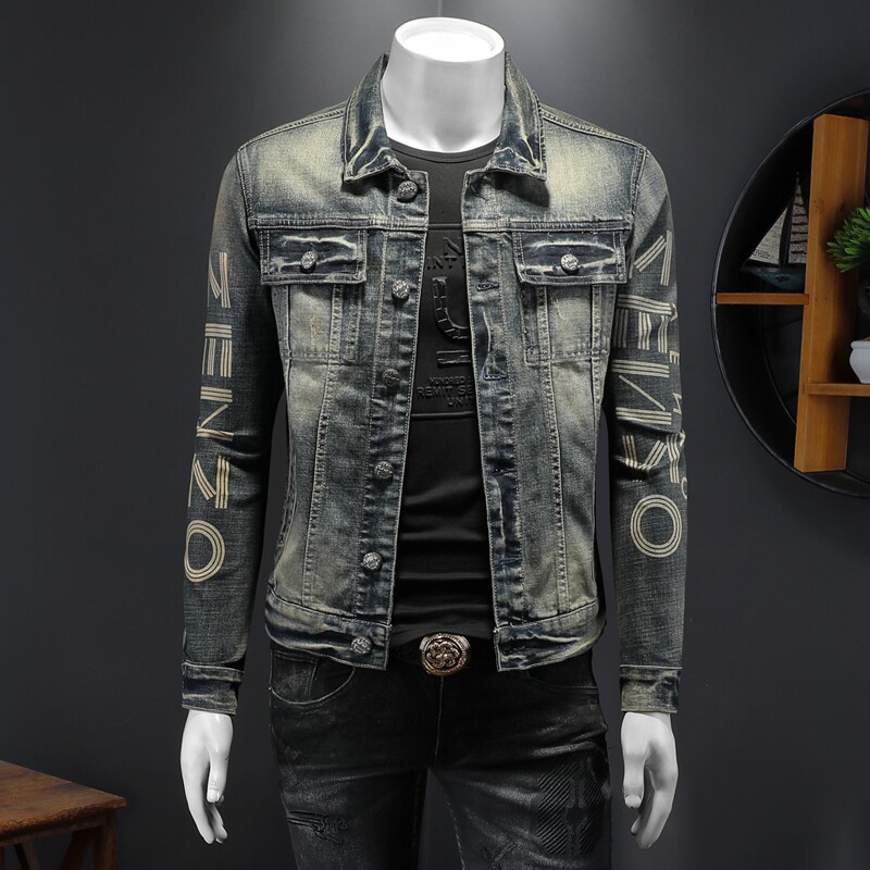 730/H50013/P220重磅老虎头刺绣印花弹力牛仔上衣男士春秋款，男装工装外套，钱塘730-1