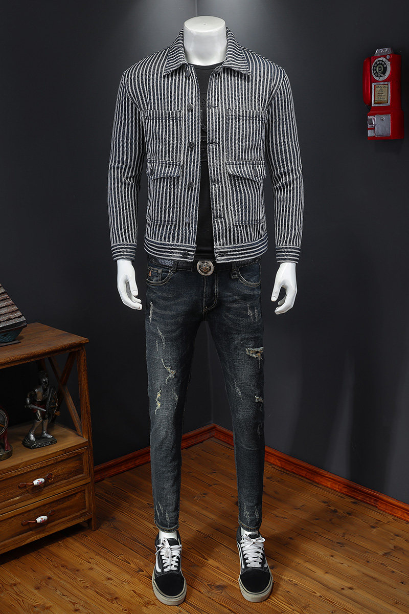 QT5027/F3884/P145条纹口袋牛仔外套男蓝染料牛仔衣3D,男装夹克,钱塘730-1