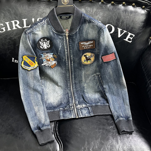 秋徽章棒球领刺绣牛仔服休闲修身牛仔外套男士H206209/P220 沙发图片