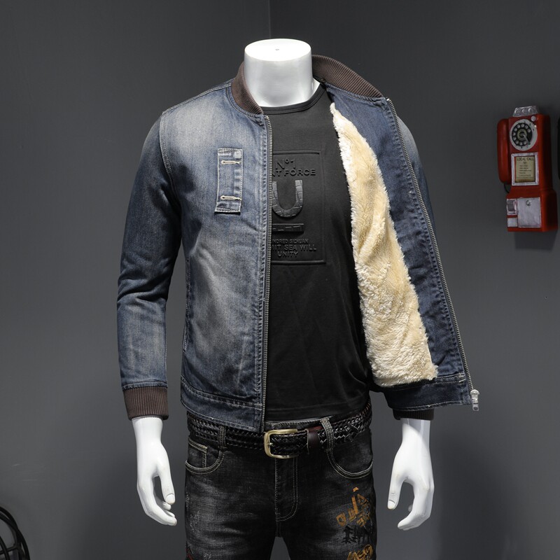 外贸精品加绒加厚棒球领牛仔夹克外套男 5027-H661-P225大码M-4XL图片