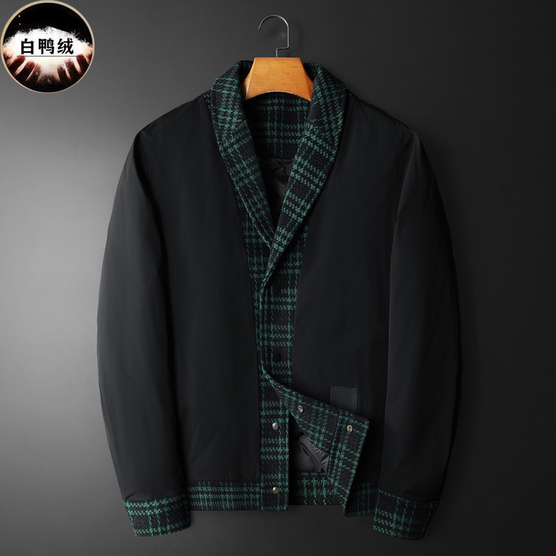1新风格冬季呢料拼接青果领羽绒服男士修身Y88023/P280大货，男装羽绒服，钱塘730-1