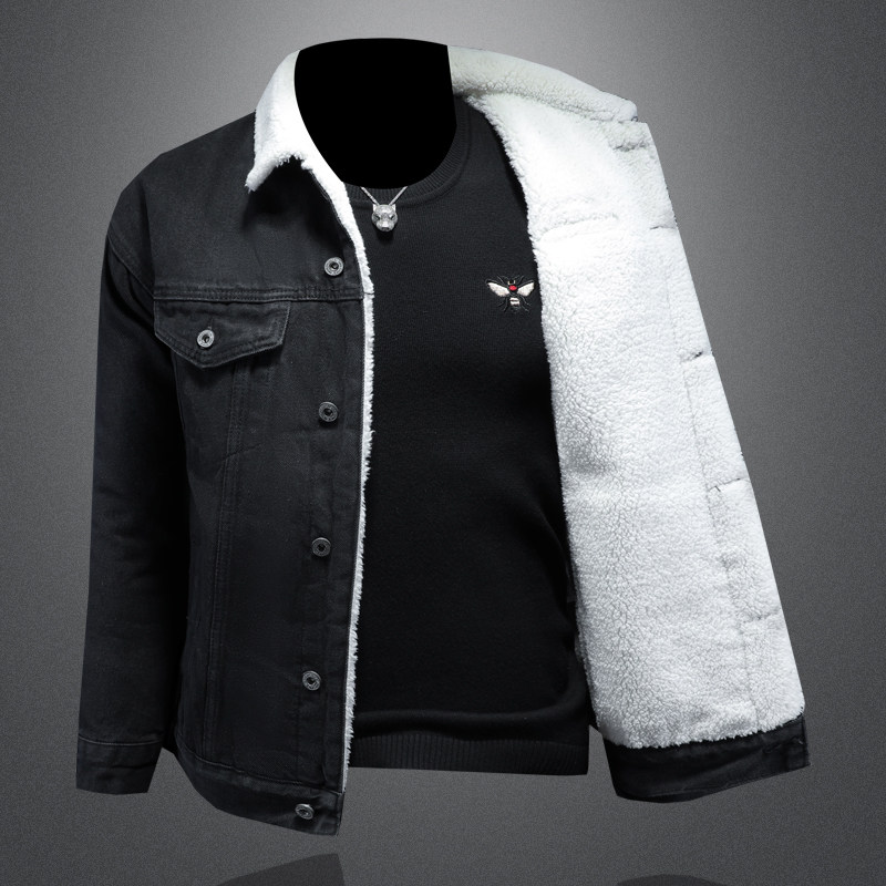 羊羔毛牛仔棉服外套男加厚牛仔衣黑色外套730/M9363/P158黑,男装工装外套,钱塘730-1
