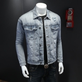 秋天730/D6226/P165满印牛仔外套男休闲微阔牛仔夹克有弹力，男装工装外套，钱塘730-1