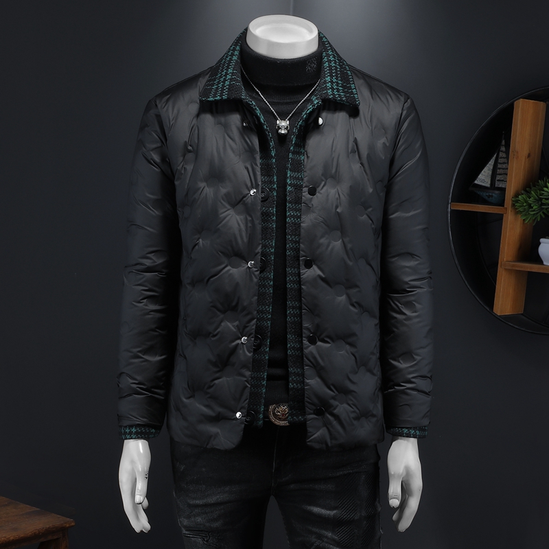 冬季新款呢料拼接假两件羽绒服男士修身质量T88027/P280，男装羽绒服，钱塘730-1