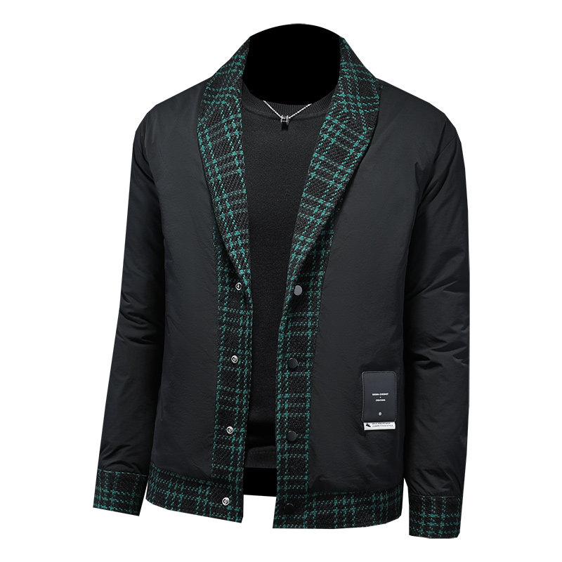 2024冬季呢料拼接青果领羽绒服男士修身QT5027/T88023/P208白底,男装羽绒服,钱塘730-1