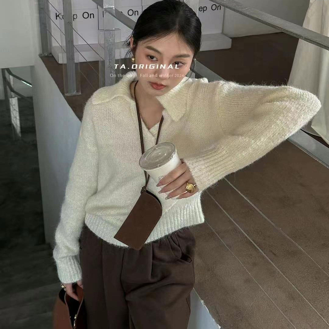 TA家软糯韩系polo领貂绒套头慵懒风米白色翻领短款毛衣女针织上衣