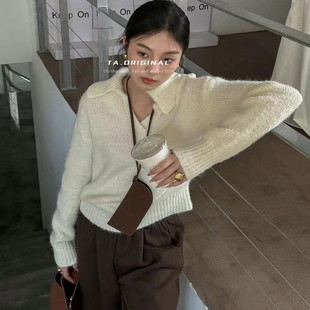 TA家软糯韩系polo领貂绒套头慵懒风米白色翻领短款毛衣女针织上衣