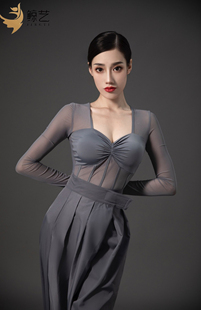 鲸艺拉丁舞摩登舞服时尚性感女春秋长袖连体衣网纱拼接灰色上衣