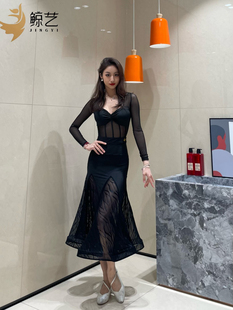 MF舞服鲸艺摩登舞时尚网纱连体长袖上衣自带胸垫拉丁舞练工舞服