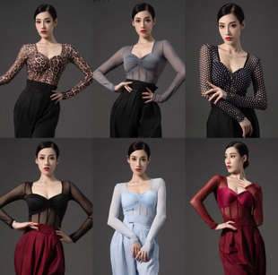 鲸艺拉丁舞摩登舞服时尚女长袖连体衣网纱拼接上衣黑色蓝色