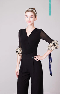 LP摩登舞夏季新款时尚女士花朵飘带中袖连体上衣修身舞蹈服交谊舞