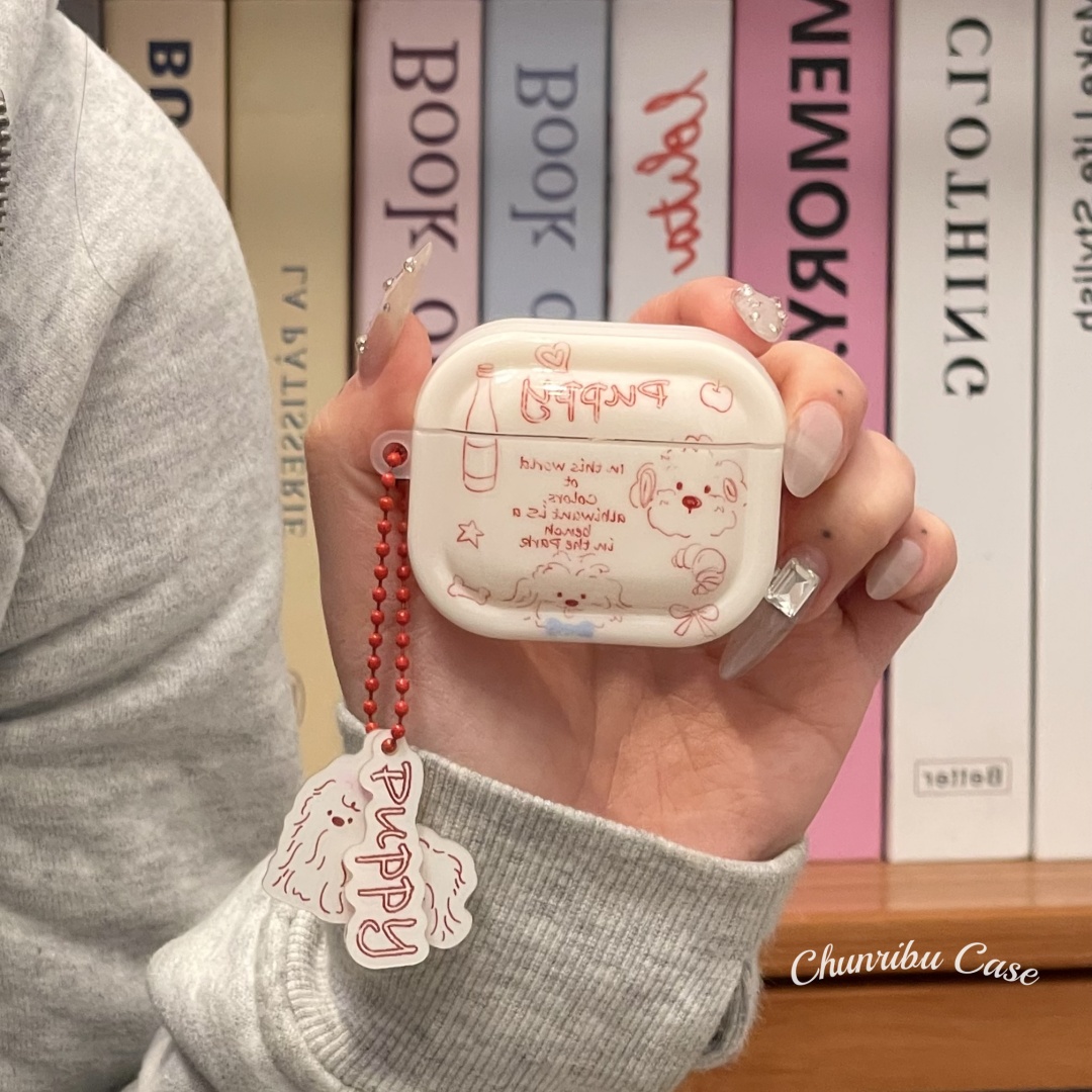 日韩可爱卡通涂鸦牛角包蝴蝶结puppy小狗适用苹果airpods1/2/3/4无线蓝牙保护套带吊坠pro二代新三代防摔硅胶