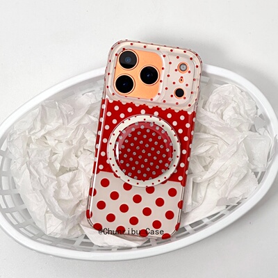 春日部防卫队Fighting｜日韩ins风小清新红色波点拼接简约适用苹果17/16promax手机壳磁吸支架iphone15/14/13