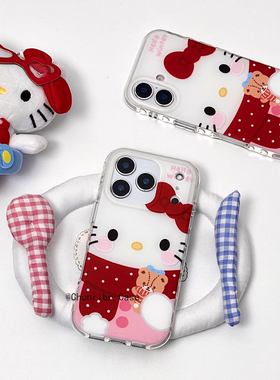 春日部防卫队Fighting｜日韩磨砂可爱卡通红波点围巾小熊kitty适用苹果17/16promax手机壳双面iphone15/14/13